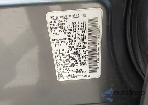 2012 Infiniti Fx35 from USA, damaged, VIN JN8AS1MU4CM122752